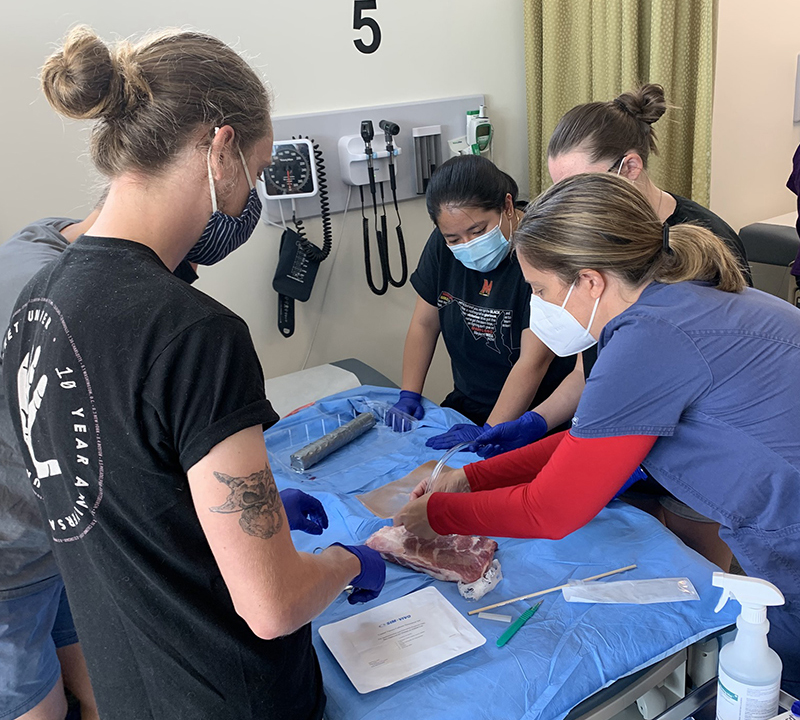 Physician assistant students practicing chest tube insertion